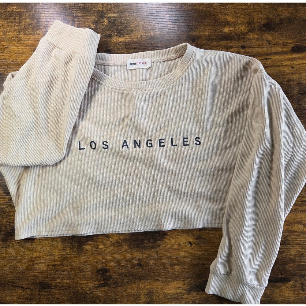 Fashion Nova Vintage Los Angeles Cropped Waffle Knit Sweatshirt Tan Beige Medium